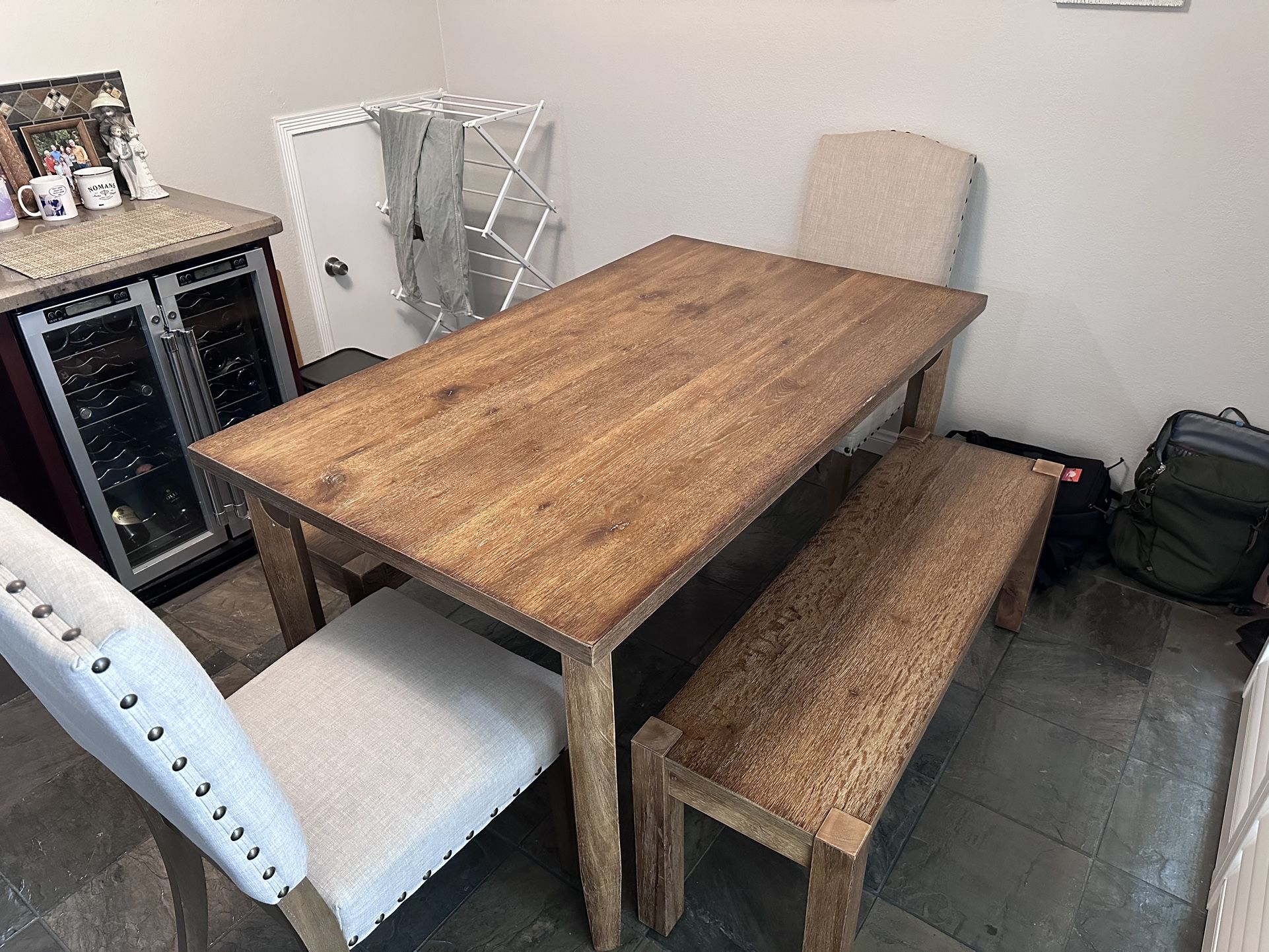Hardwood Dining Table W/ Benches and Upholstered Chairs