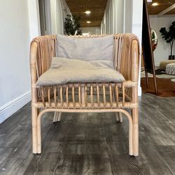 Boho Rattan Accent Chair – Natural Wicker Lounge Chair with Cushion