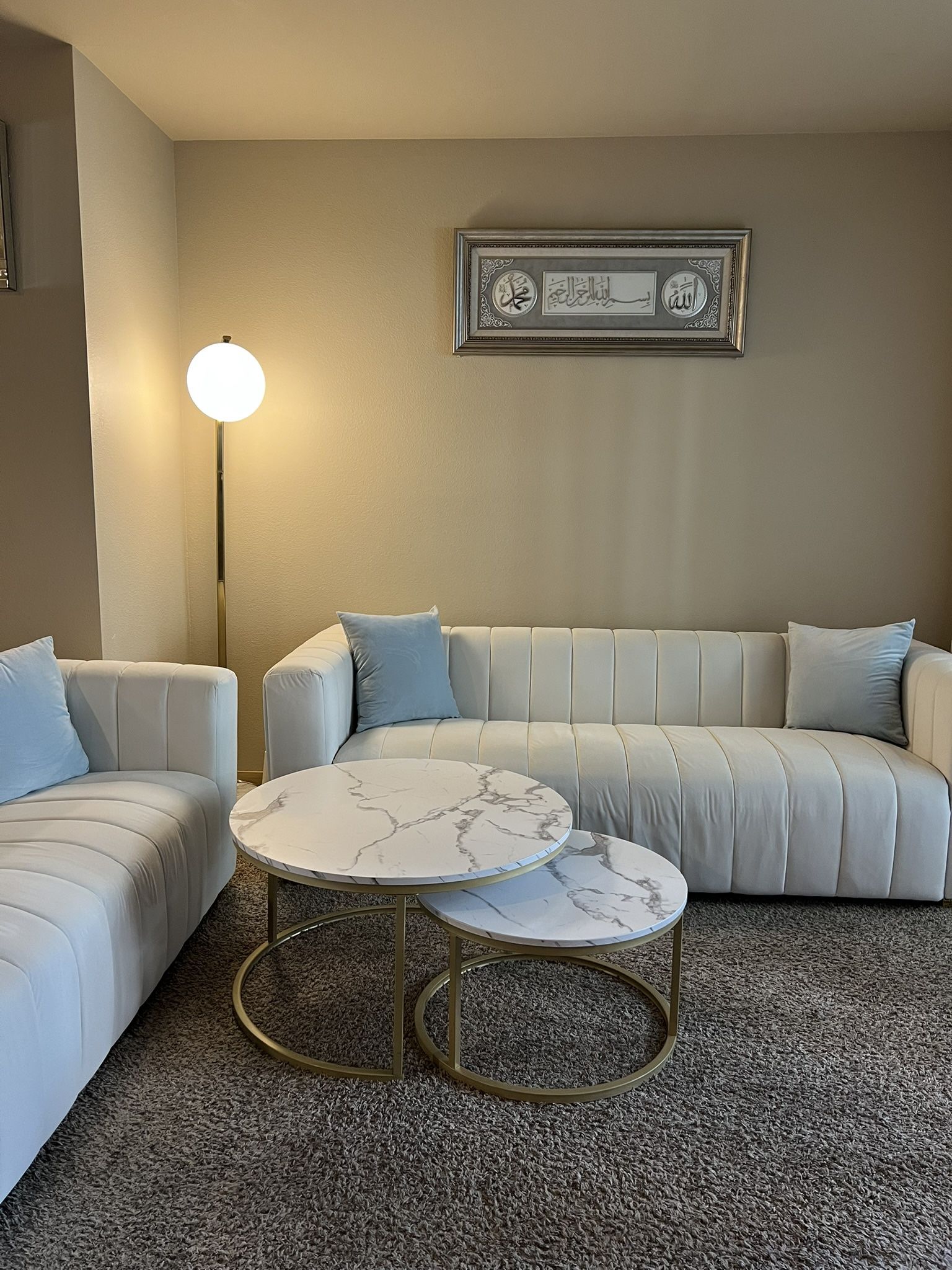2 Modern White Channel-Tufted Velvet Sofa with Gold Legs