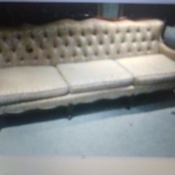 French Couch Button Back Wood. Crown Legs Arms