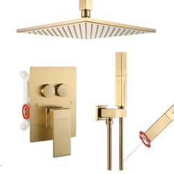 Shower Faucets Sets Complete Brushed Gold Shower System, Push Button Diverter Ceiling Mounted Shower Fixtures with 2 in 1 Handheld