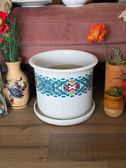 Large Ceramic Southwestern Pattern Planter with Saucer