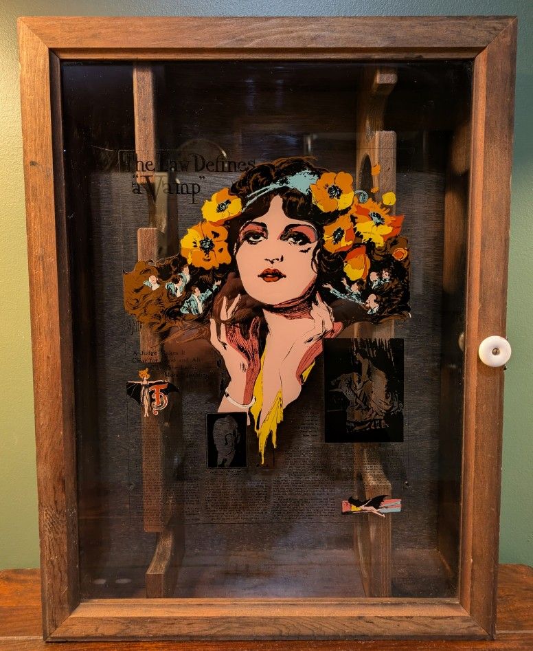 Vintage Wood 6 Bottle Bar Wine Rack Cabinet w Door Shadow Box Theda Bara "Vamp"