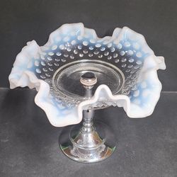 Vintage Fenton Opalescent Hobnail Ruffled Edge Compote 
