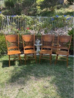 Set of 4 Vintage Oak Pressed Back Dining Chairs