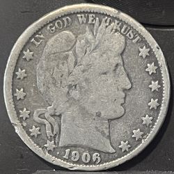 1906 O Barber Half Dollar • New Orleans Mint • 90% Fine Silver Raw Ungraded Coin • VG+ Very Good+ Condition