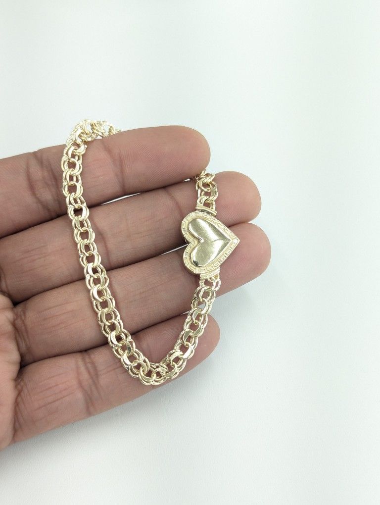 10kt Real Gold Heart Chino Link Bracelet 7.5 inches