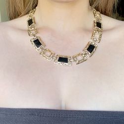 Vintage Chunky Black Enamel Silver Necklace 