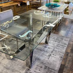Glass Dining Table With Silver Geometrical Legs 