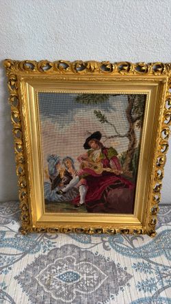 Framed Needlepoint Tapestry in Ornate Gold Frame