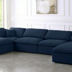 Serene Linen / Wood Navy Deluxe Cloud Modular Sectional

