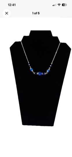 Handmade Blue Bead Necklace Silver Tone Chain Link Bar Choker Cute Gift