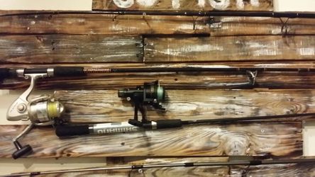 Rustic wood fishing rod holderDecorative and functional one of a kind  piece 4'x7' for Sale in Hialeah, FL - OfferUp