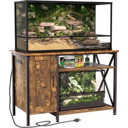 120 Gallon Reptile Tank Stand, 4x2x2 Reptile Enclosure Stand, with Storage Cabinet and Power Outlet, for Bearded Dragons, Snakes, Lizard Terrarium Bla
