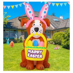 Easter Inflatable Dog With Bunny Ears And Easter Eggs Basket