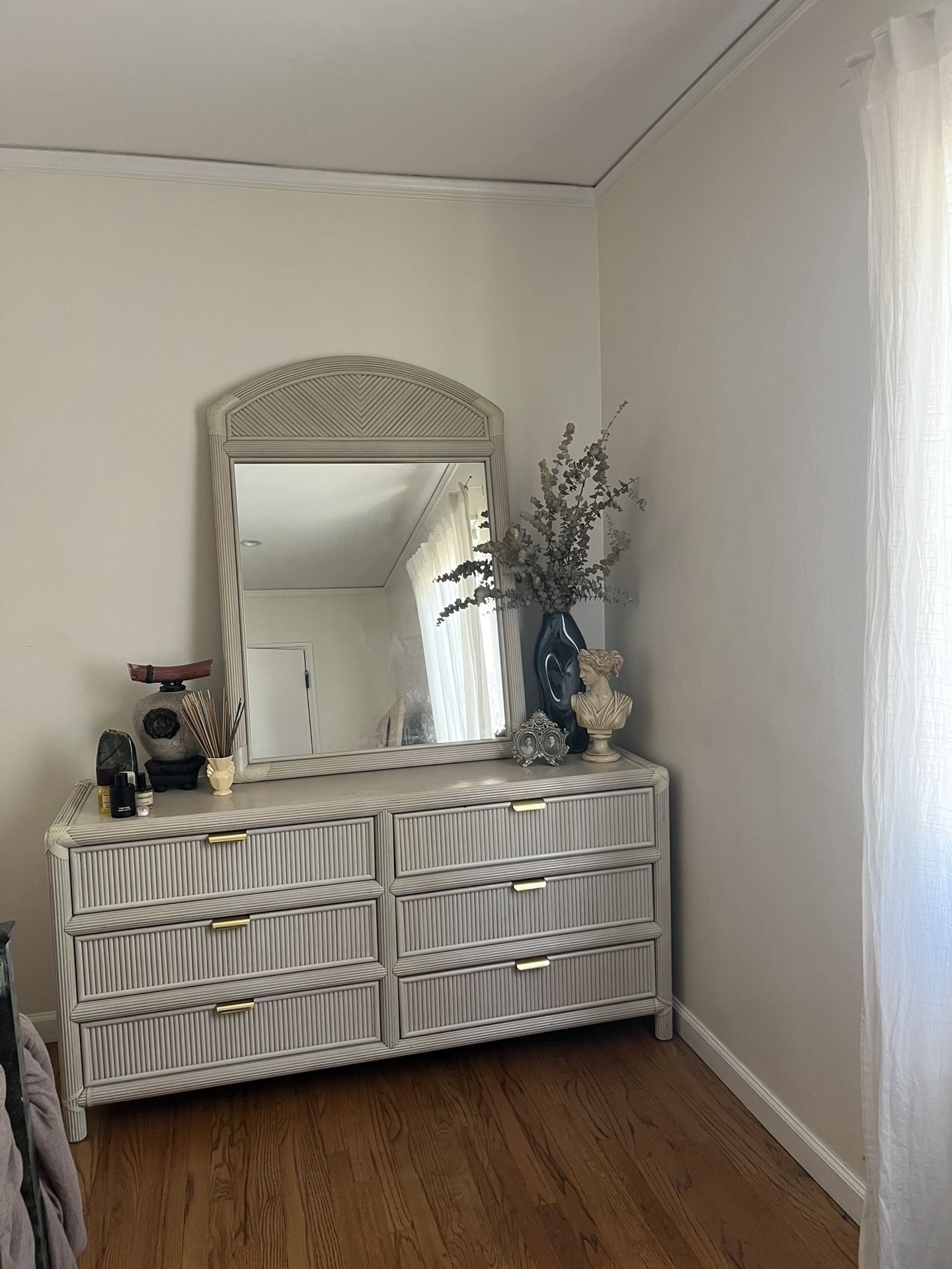 art deco post modern pencil reed dresser with detached mirror