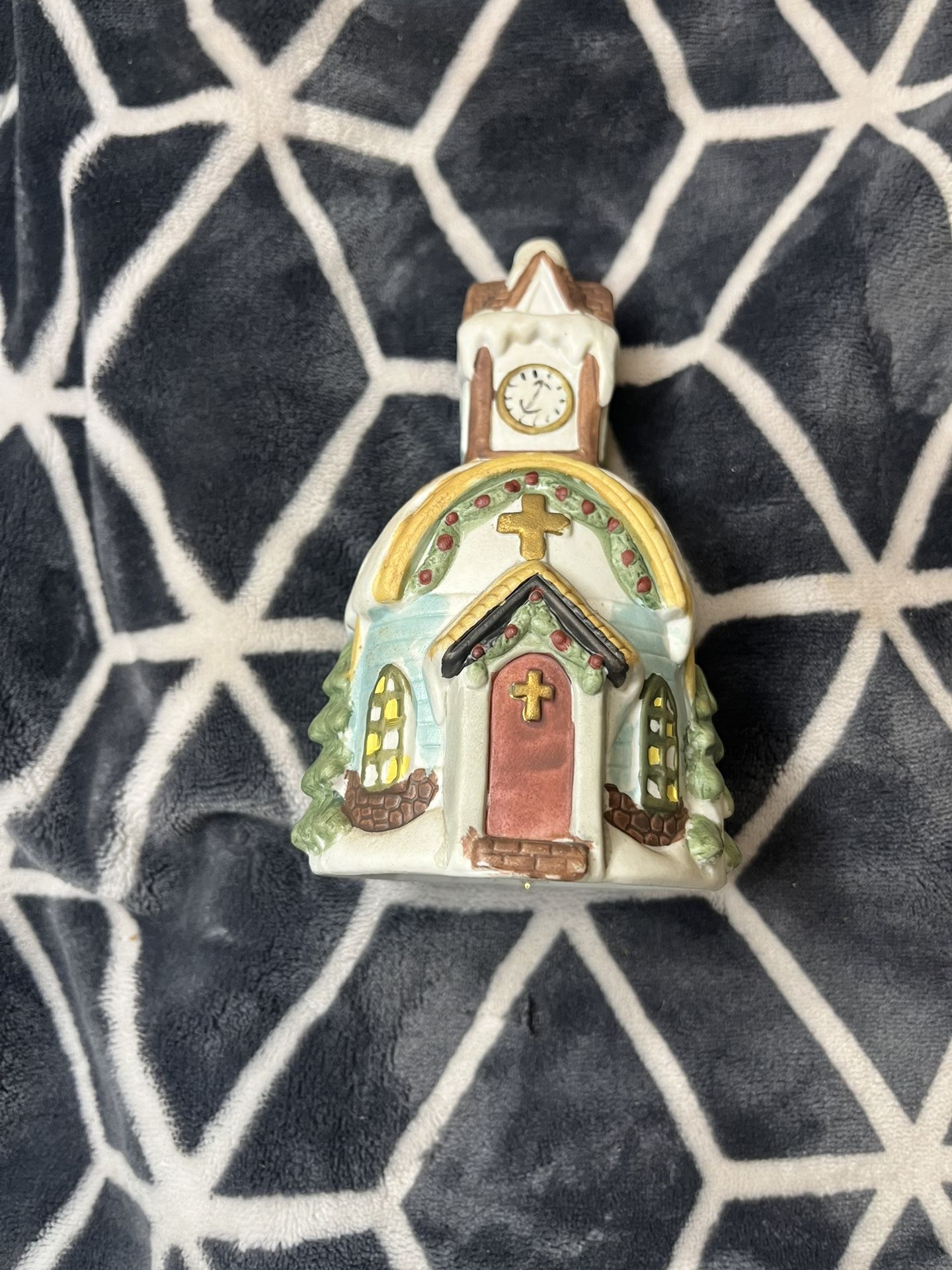 Vintage 7-Inch Hand-Painted Ceramic Snow-Covered Church Bell