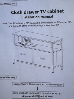 New 39” TV stand with two drawers, outlets, and LED lighting with remote.  For TVs up to 50”