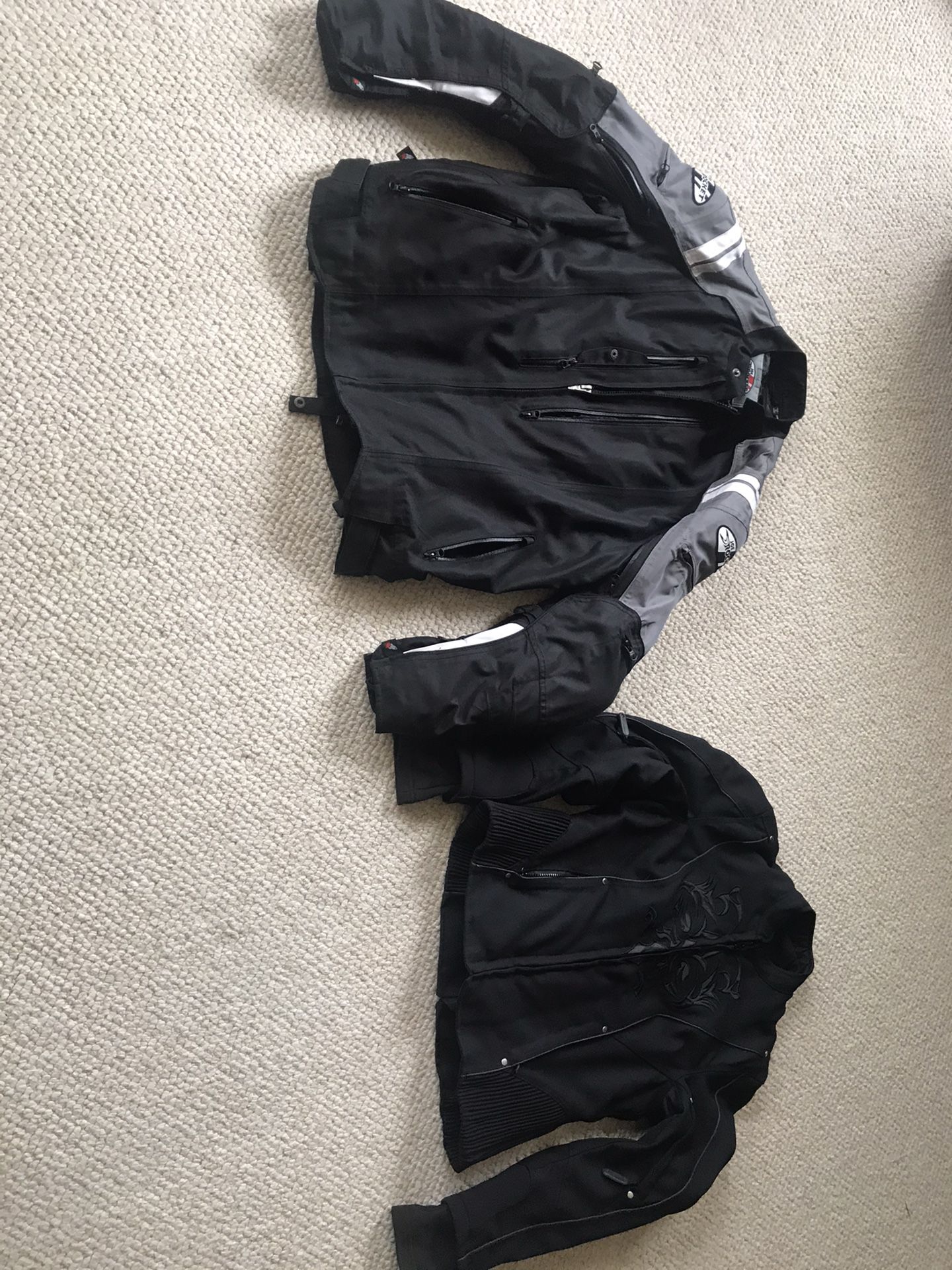 Motorcycle jackets Men’s are 2XL the women’s is a medium. 100 per jacket or 150 for two. These are barley used