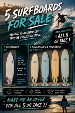 5 Surfboards includes wetsuits/ fins/ leashes / wax