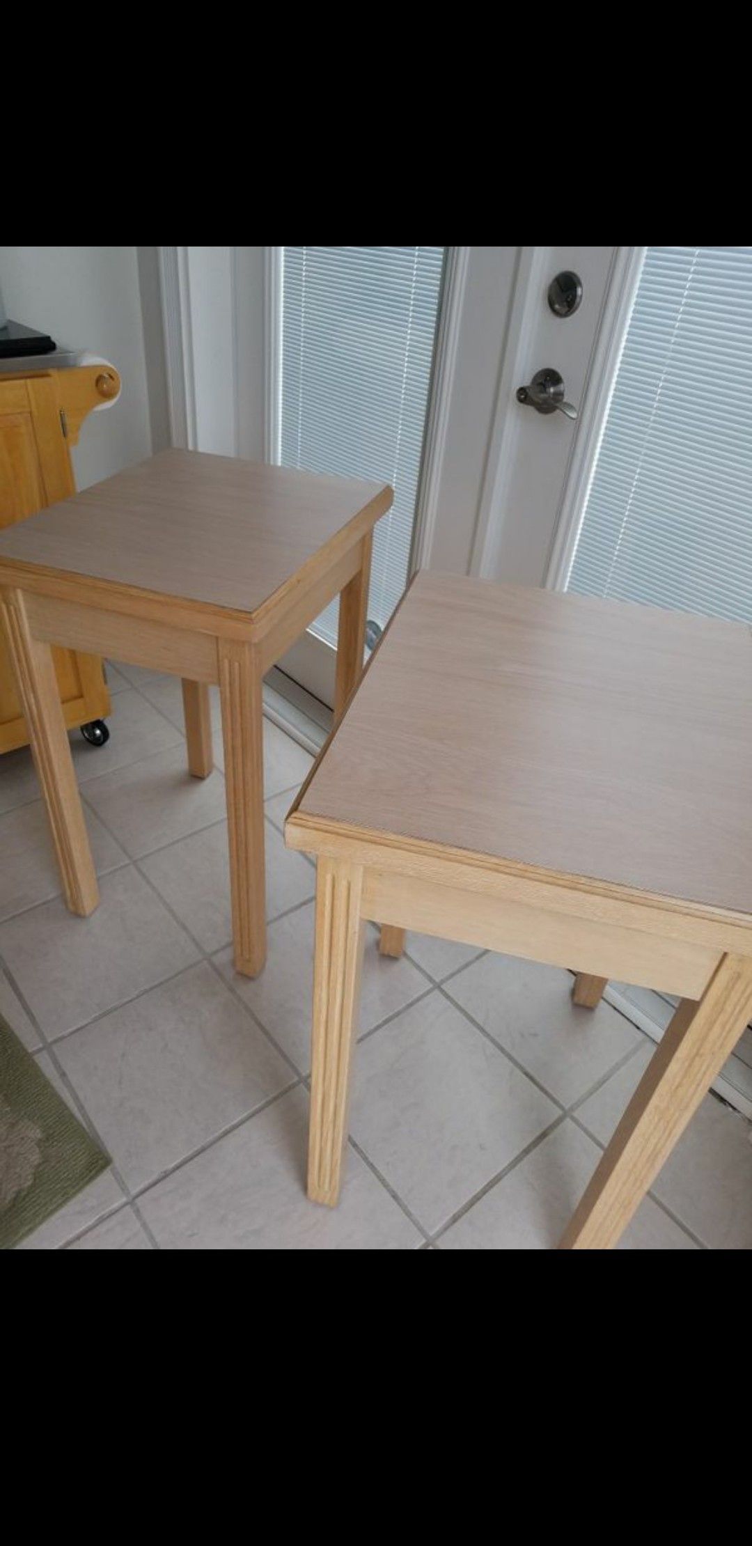 $45 each or together for $80 firm. Tall Quality Solid Wood Tables with Durable Matching Formica Tops.