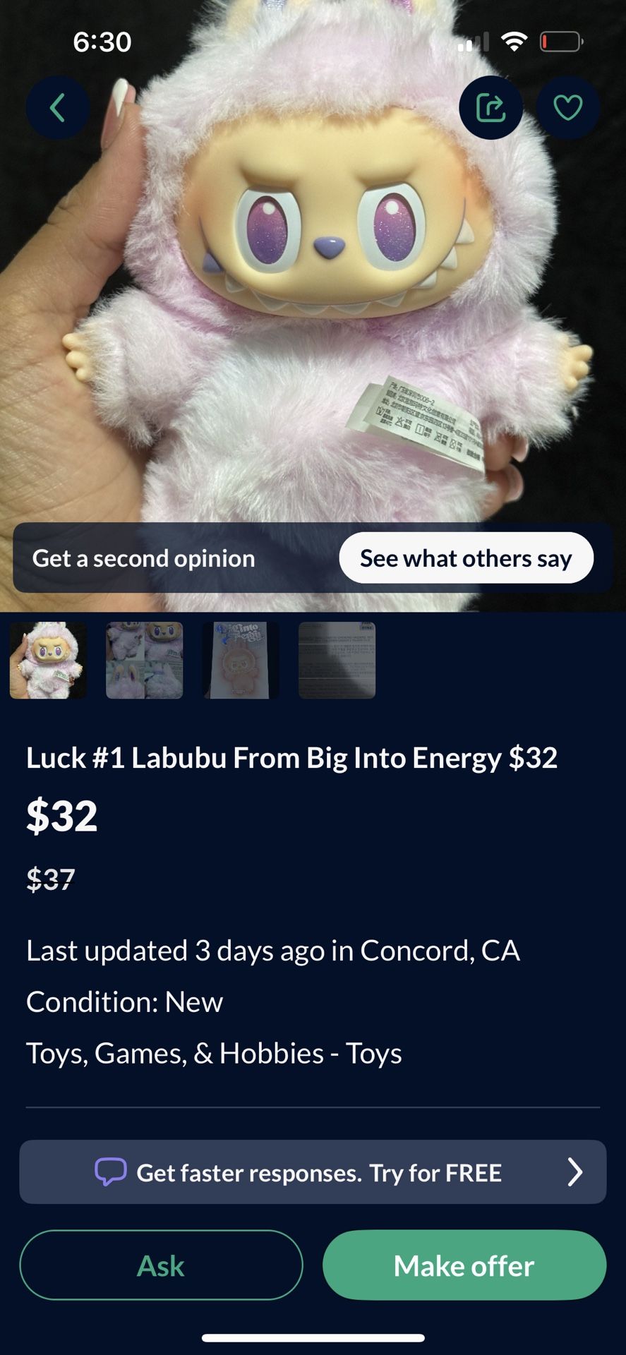 Luck #1 Labubu From Big Into Energy $32