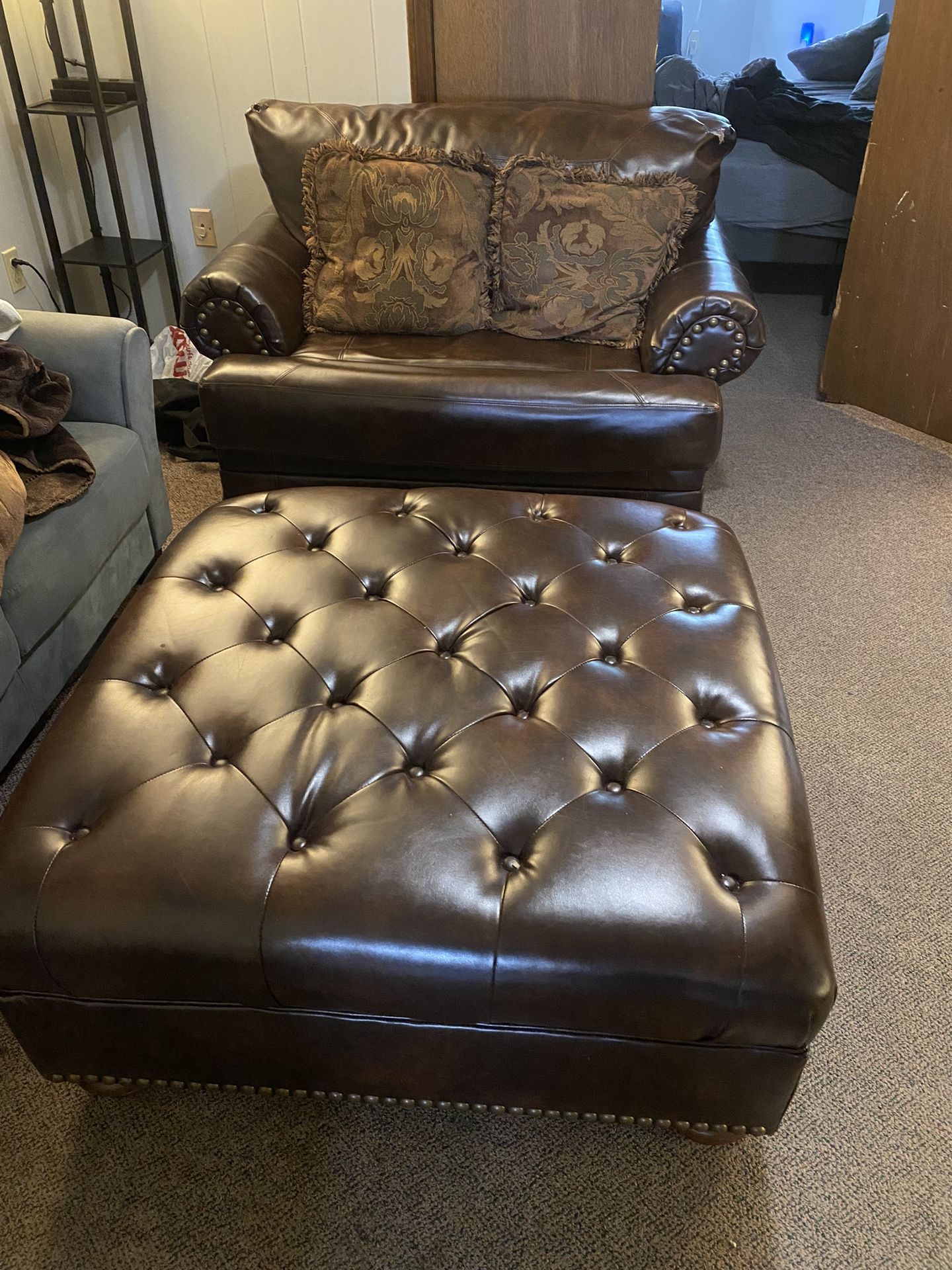 Leather Love Seat + Ottoman
