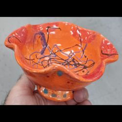 Small Ruffled Pedestal Bowl/ Orange 