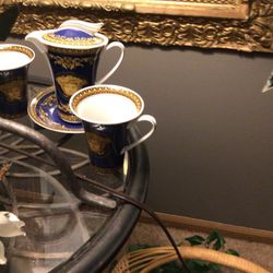 Versace Medusa Blue Coffee Container And Cups And Saucer Set Of 4