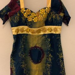 Handmade Colorful Short Dress with Yellow Beaded Detail — Tailored Size ~12–14