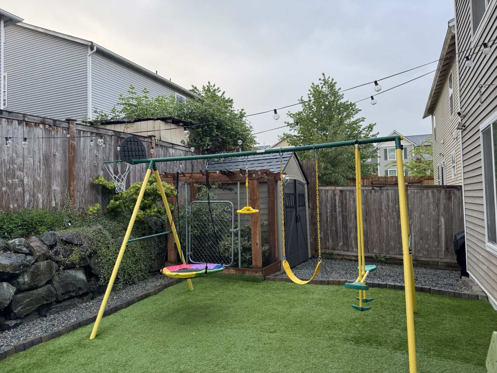5-in-1 Kids Swing Set, Outdoor Swing Set with Saucer Swing, Glider, Rope Swing, and Basketball Hoop