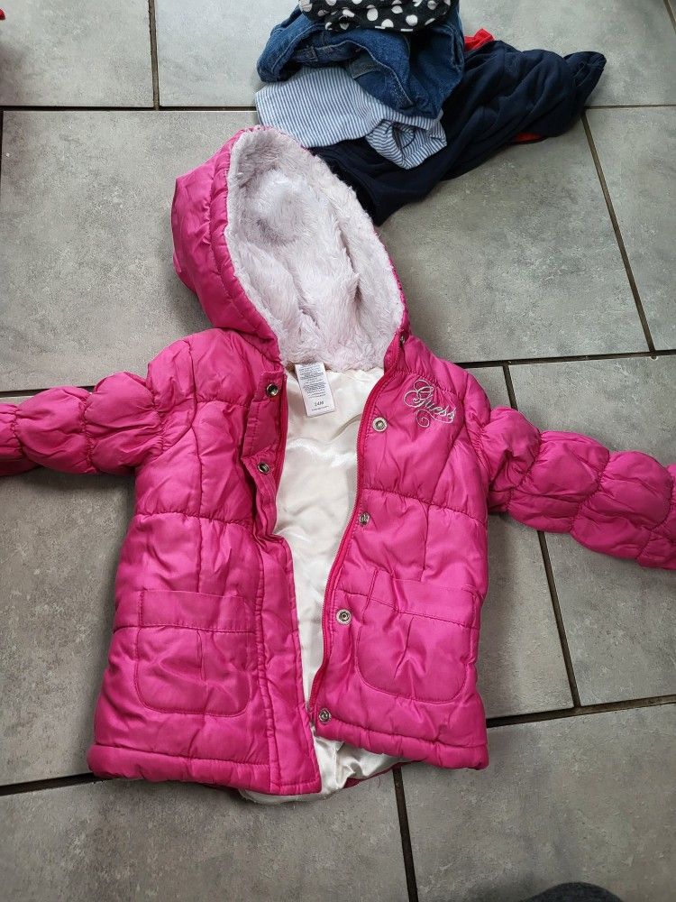 Baby Girl 2T Winter Puffy Jacket Used A Few Times, Warm Hat And Beanies For Baby Girls