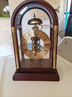 Skeleton Clock Brass Plated Dial Mahogany Wood Tone