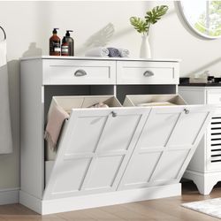Loomie Double Tilt Out Laundry Hamper Cabinet, Hidden Laundry Cabinet with 2 Drawers & 2 Baskets, 30 Gallon Trash Can for Bathroom, Kitchen, White