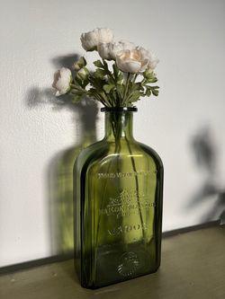 Faux Peony Bouquet in Vintage Green Glass Bottle