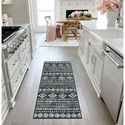 Lahome Boho Moroccan Kitchen Rugs, 2x5 Washable Black White Bedroom Area Rug Low-Pile Soft Office Rug