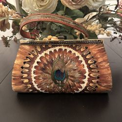 1960s Peacock Feather Clutch Purse Handbag with Matching Wallet Vintage