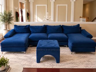 Large Navy Blue Sectional Couch + Matching Ottoman