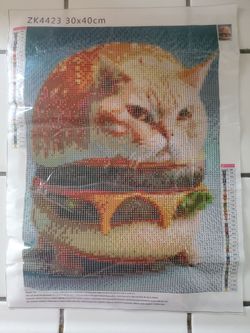 5D Diamond Painting Kit featuring the viral "Burger Cat" internet meme