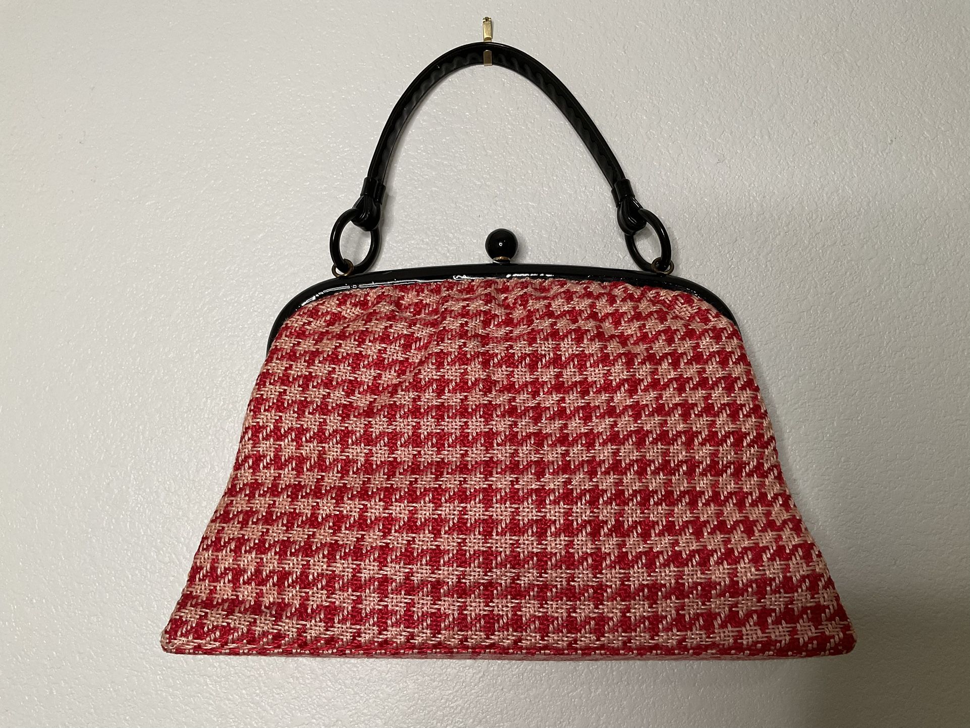 Vintage Tweed Handbag Made In USA Red,pink and Black  Purse