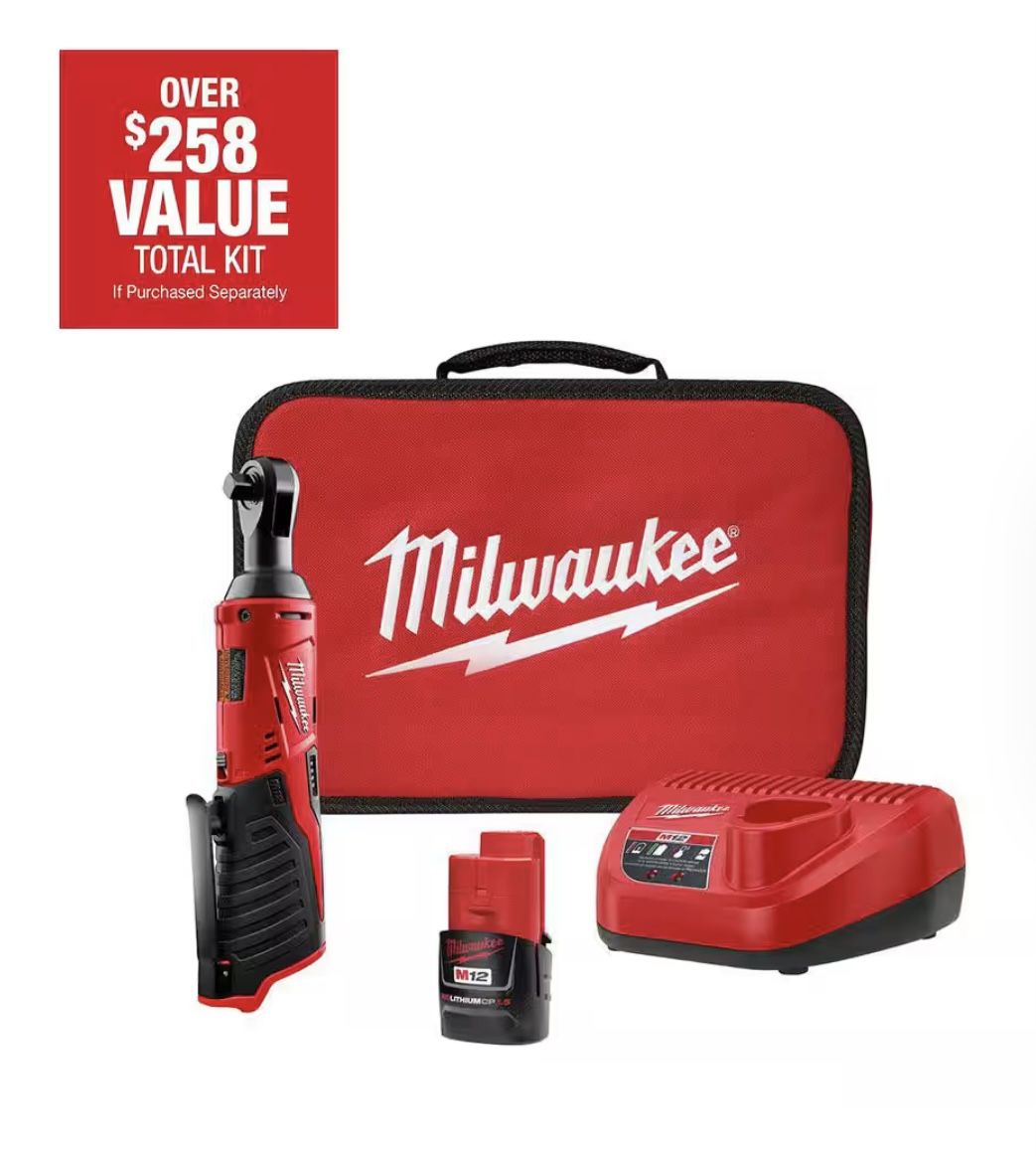 Milwaukee M12 Cordless Electric 3/8in. Ratchet Kit, With 1 Battery, 12 Volt,