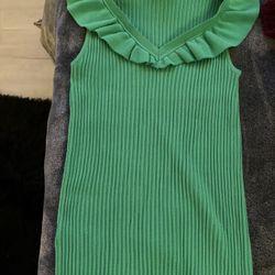 Ann Taylor Green Ribbed Sleeveless Ruffle V-Neck Top