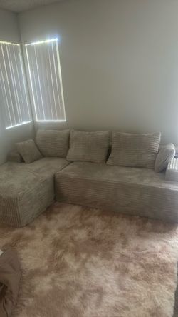 Beige Corduroy Sectional Sofa with Pillows