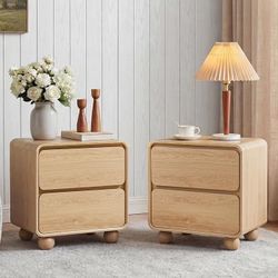 Set of 2/2  Drawer Nightstand Small Wooden Dresser Chest of Drawers, Handle Free & Curved Profile Design Sofa End Table for Living Room, Nursery, Natu