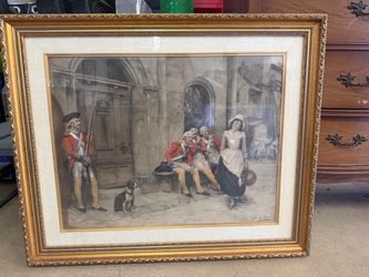 Framed Antique Print of Colonial Soldiers Scene
