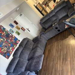 Gray recliner, suede leather sectional, Bluetooth speaker couches