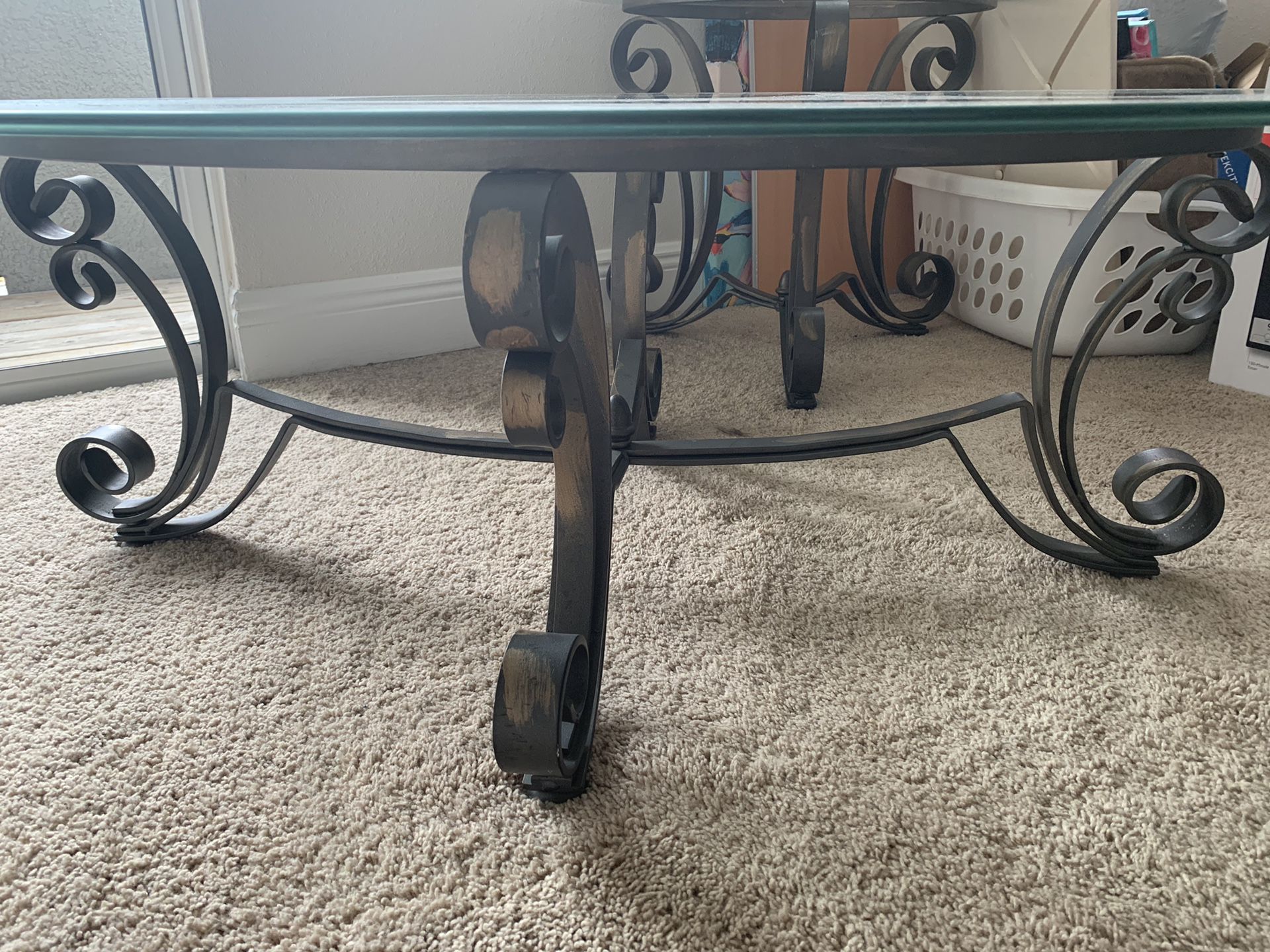 Glass and Metal Coffee table with matching end tables