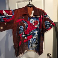 Spiderman Short Sleeve Button Down Shirt Size Large