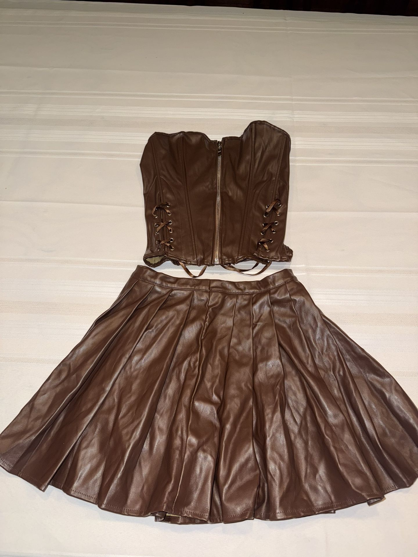 Women’s Brown Faux Leather Corset Skirt Set Festival Rave Halloween Costume