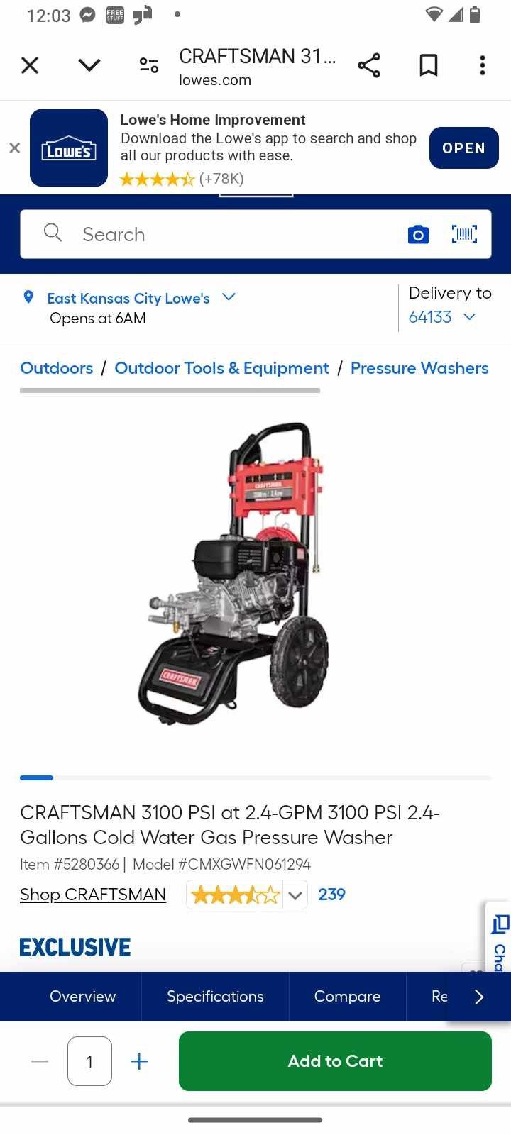 Craftsman 3100 Psi 2.4 GPM 2.4 Gallon Gas Cold Water Gas Power Washer